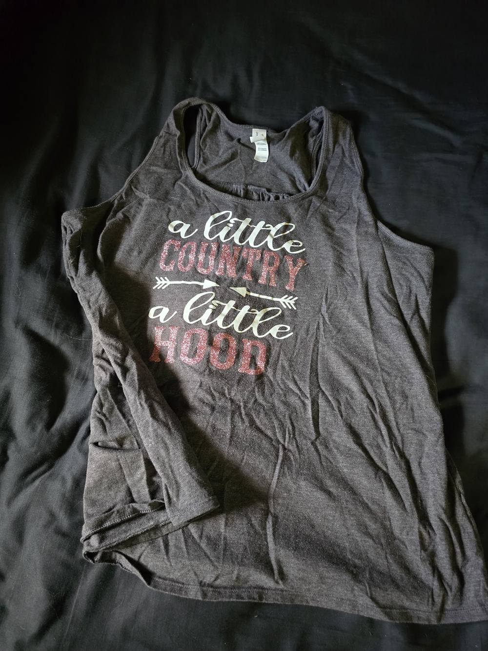 Vibrant 'a little Country a little Hood' Dark Gray Graphic Tank Top glitter
